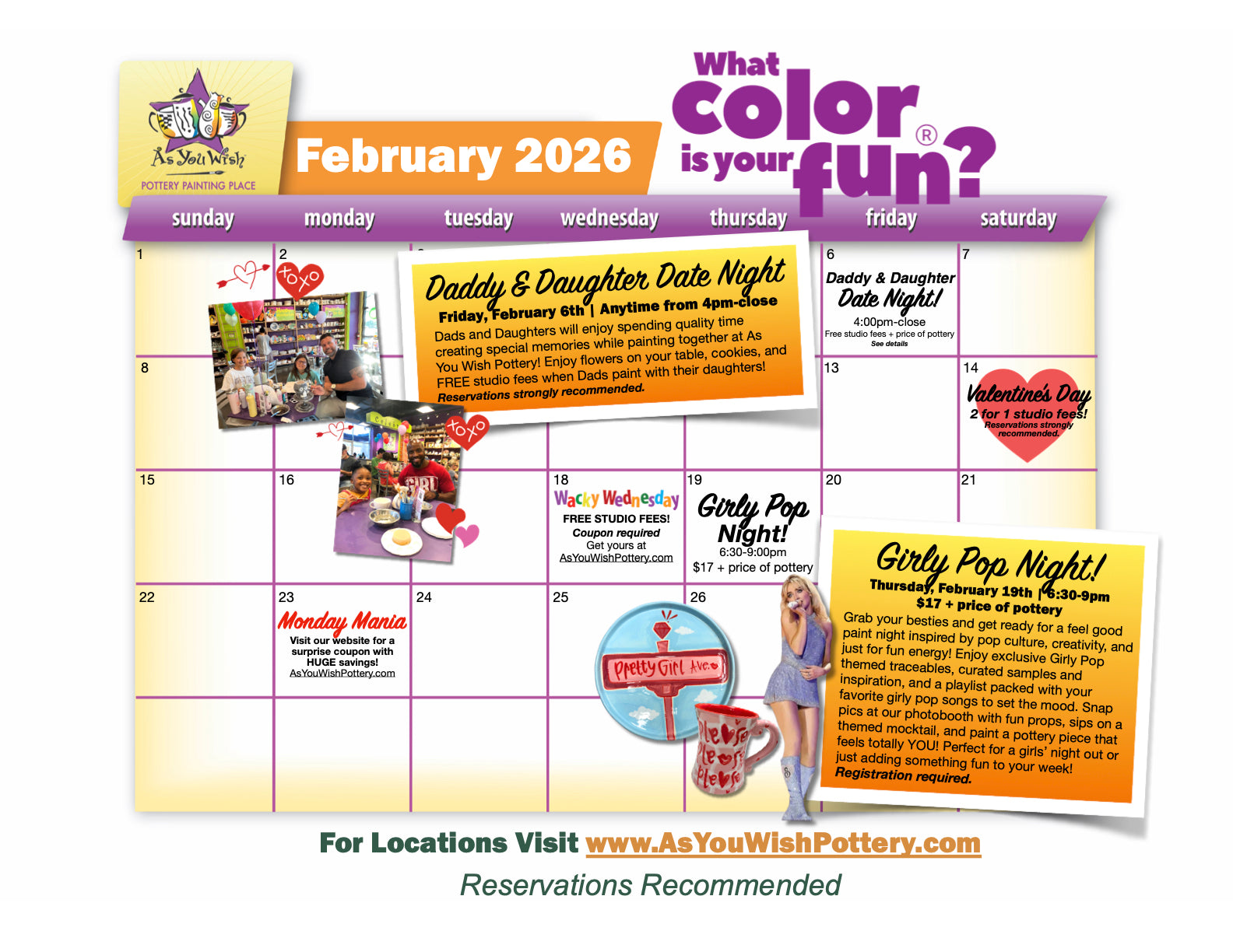 February 2026 calendar with pottery-themed events and promotional text.