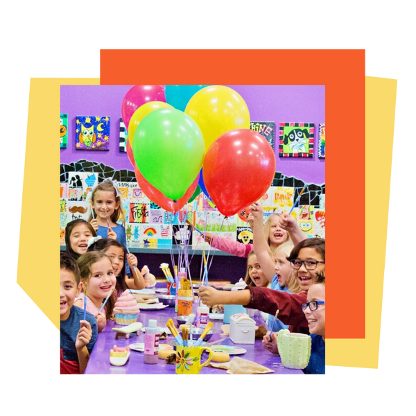 Children at a birthday party painting pottery with balloons and a cake, framed by colorful borders.