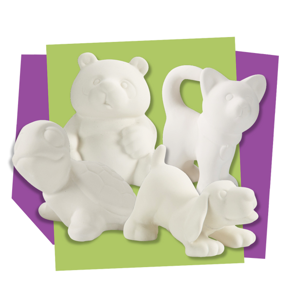 Set of unpainted animal figurines on a green and purple background