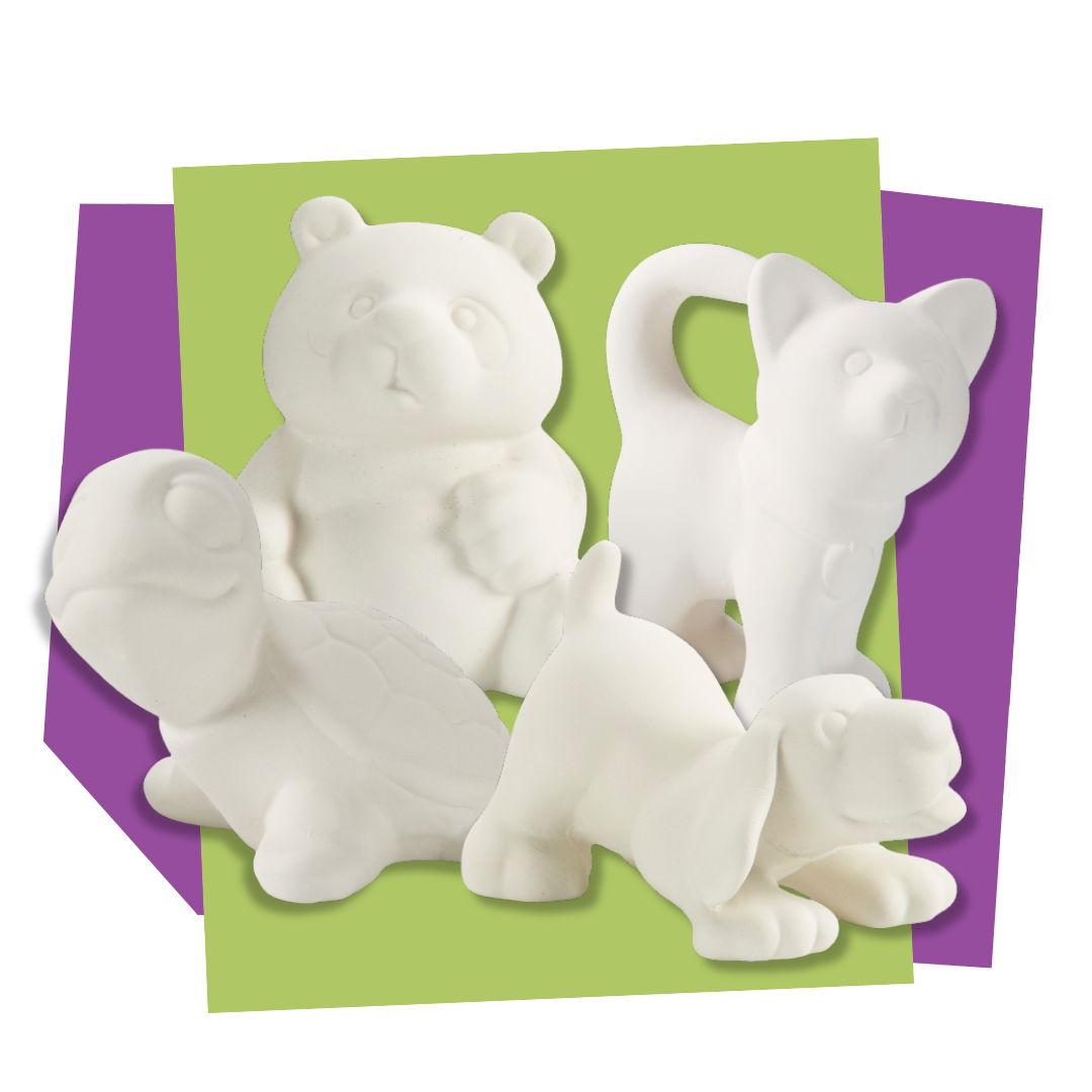 Set of unpainted animal figurines on a green and purple background