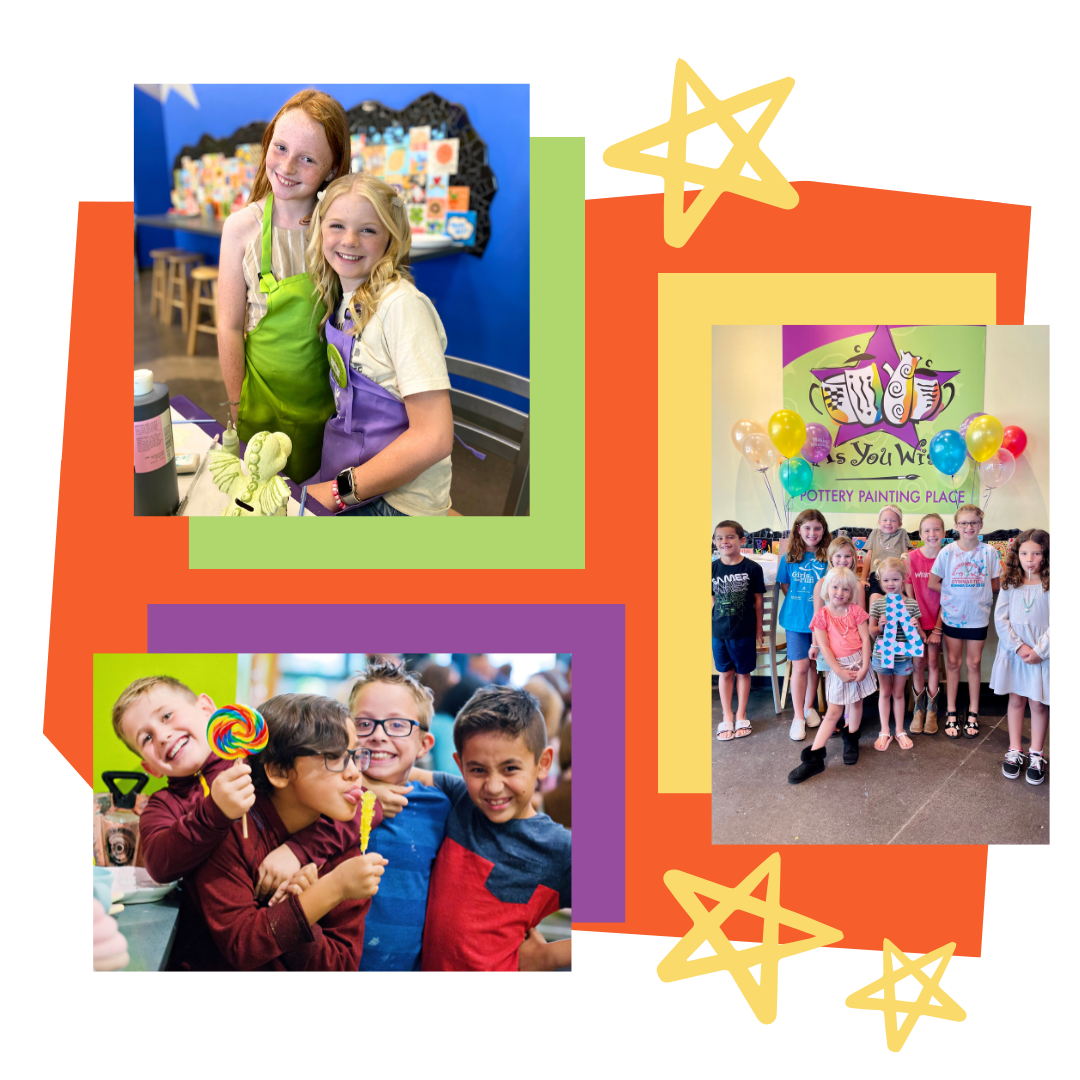 Collage of children at a pottery painting birthday party with colorful frames and star decorations.