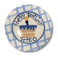 Load image into Gallery viewer, Decorative plate with 'Happy Birthday Theo' text and cake illustration on a blue and white checkered background.

