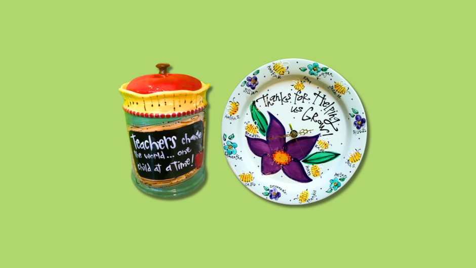 Decorative jar and plate with floral designs and text on a green background