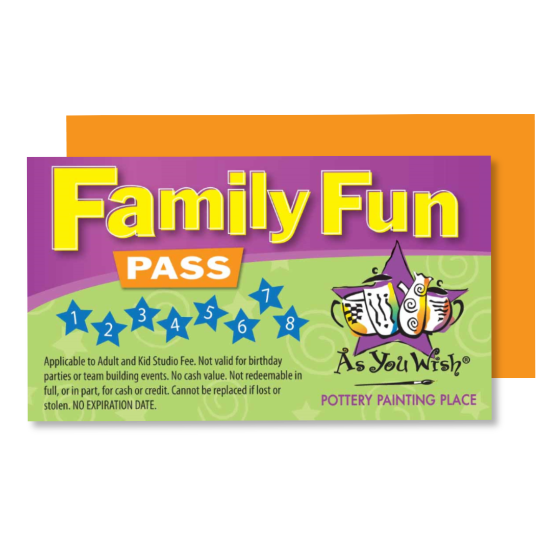 Family Fun Pass for a pottery painting place with colorful design and text.