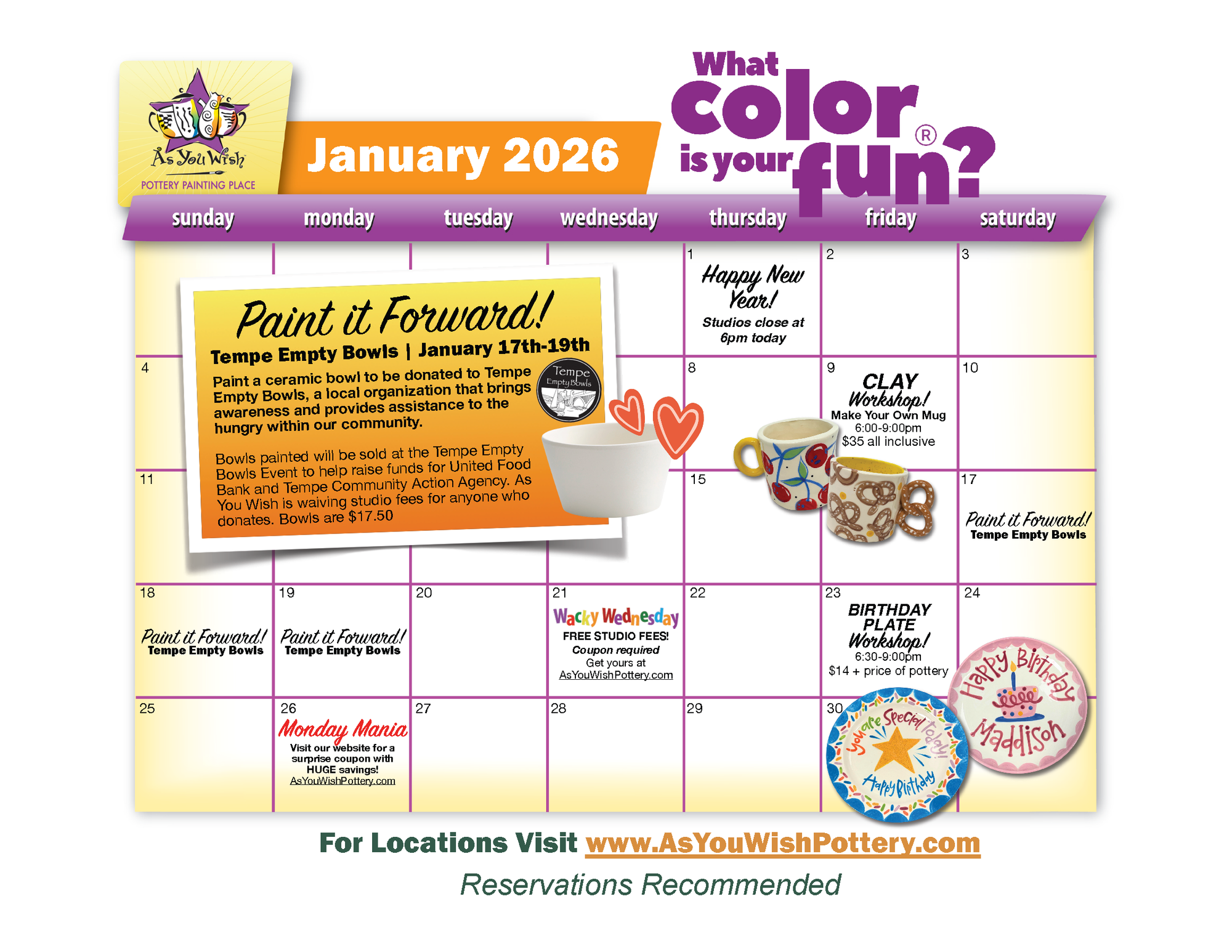 January 2026 calendar with pottery-themed events and promotions.