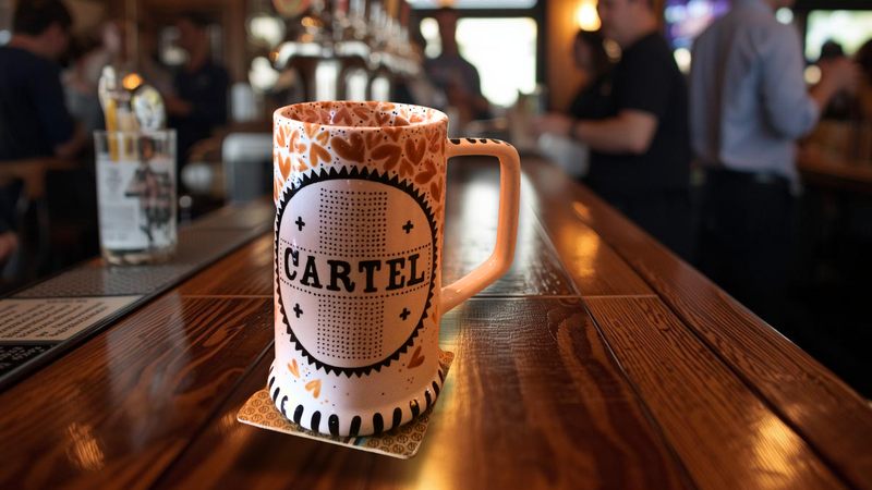 Cartel branded mug on a bar counter with a blurred bar setting in the background