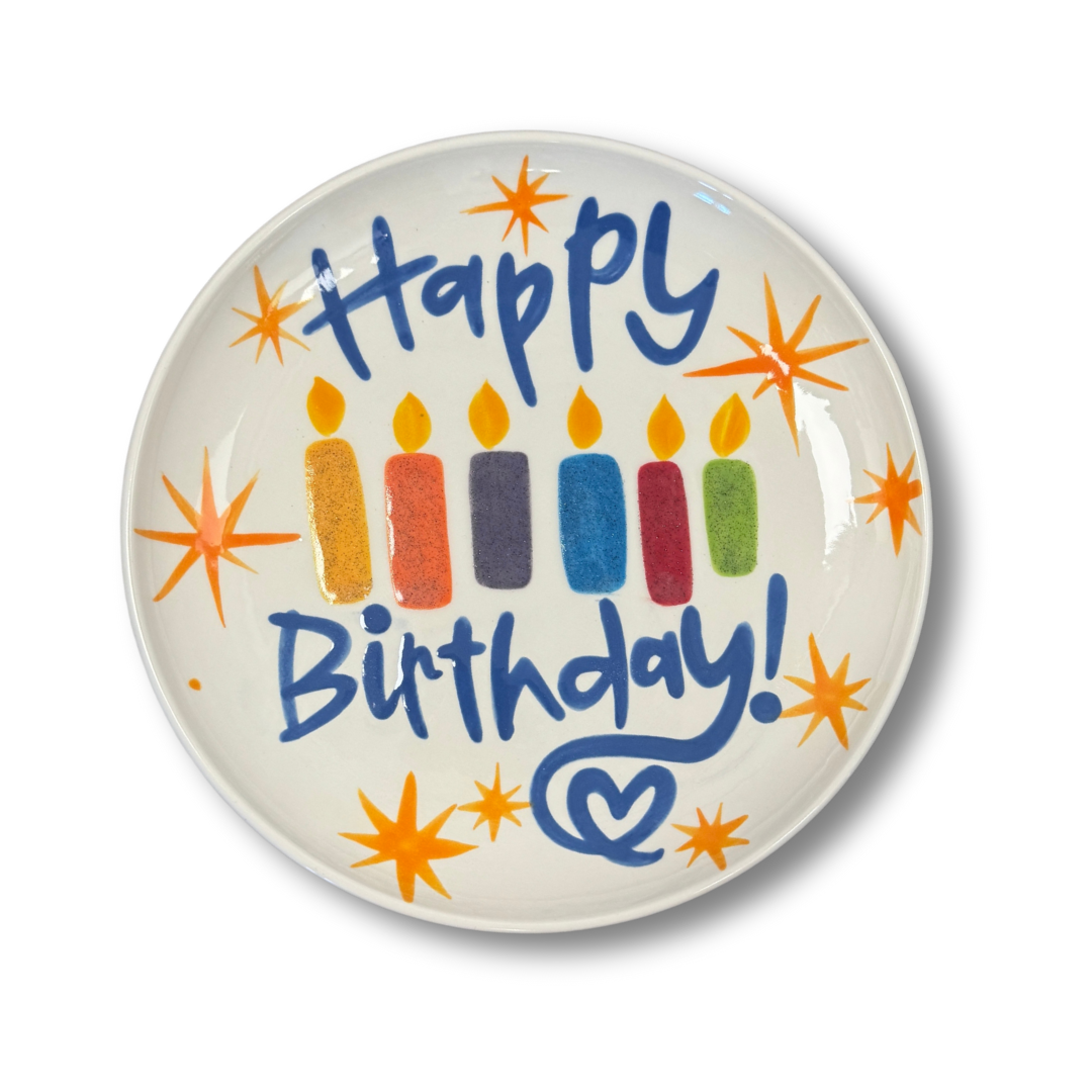 Round plate with 'Happy Birthday!' text and colorful candles on a white background 