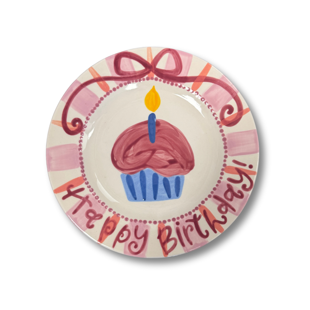 Decorative plate with a birthday cupcake design and 'Happy Birthday!' text on a white background.