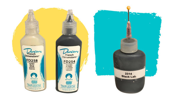 Two bottles of Duncan French Dimension paint and a funwriter with color swatches on a white background