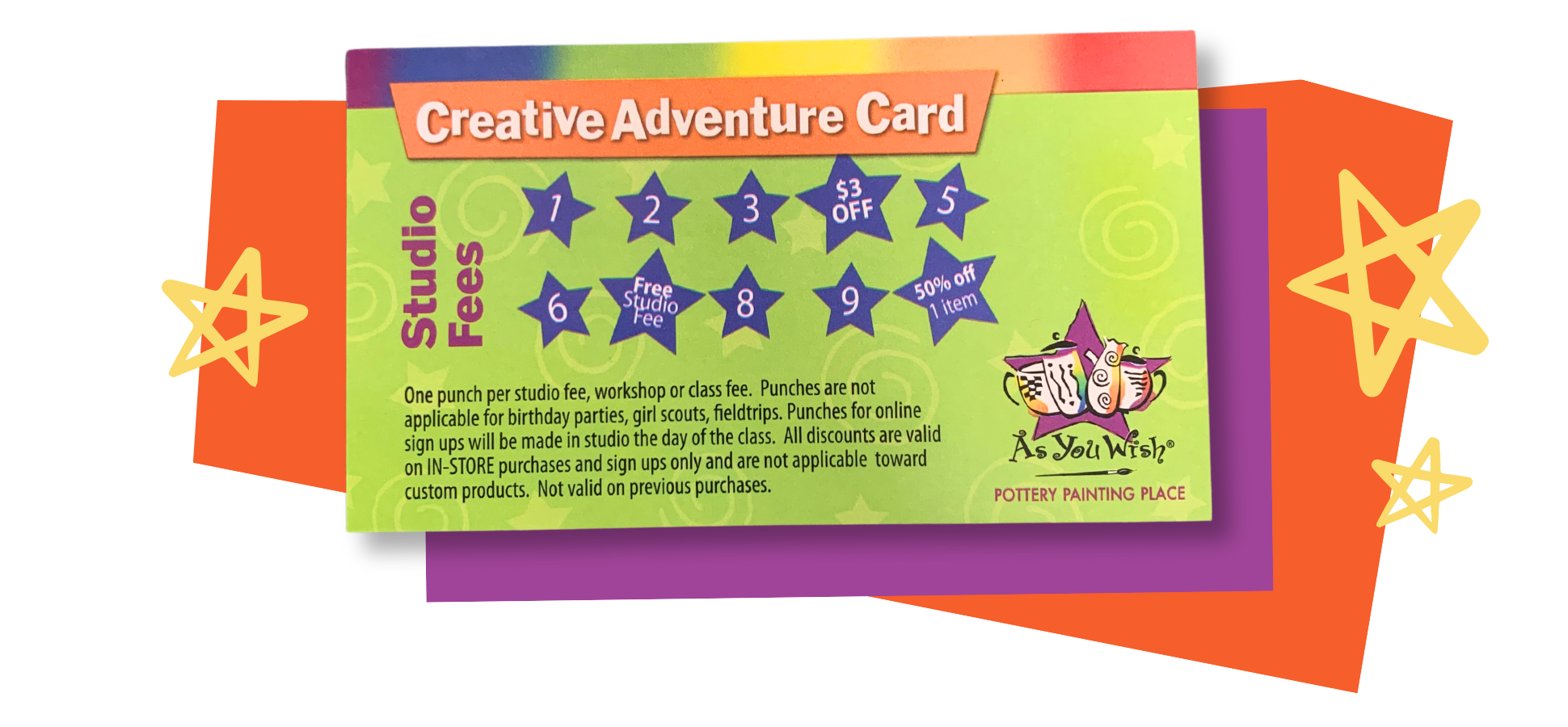 Colorful 'Creative Adventure Card' loyalty punch card for As You Wish Pottery with star designs on a white background