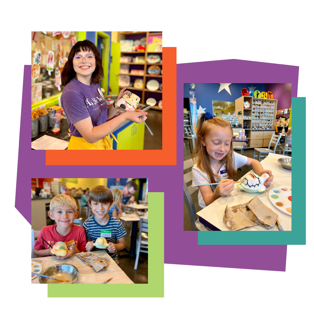 Collage of teacher and children in an As You Wish Pottery studio setting with colorful frames.