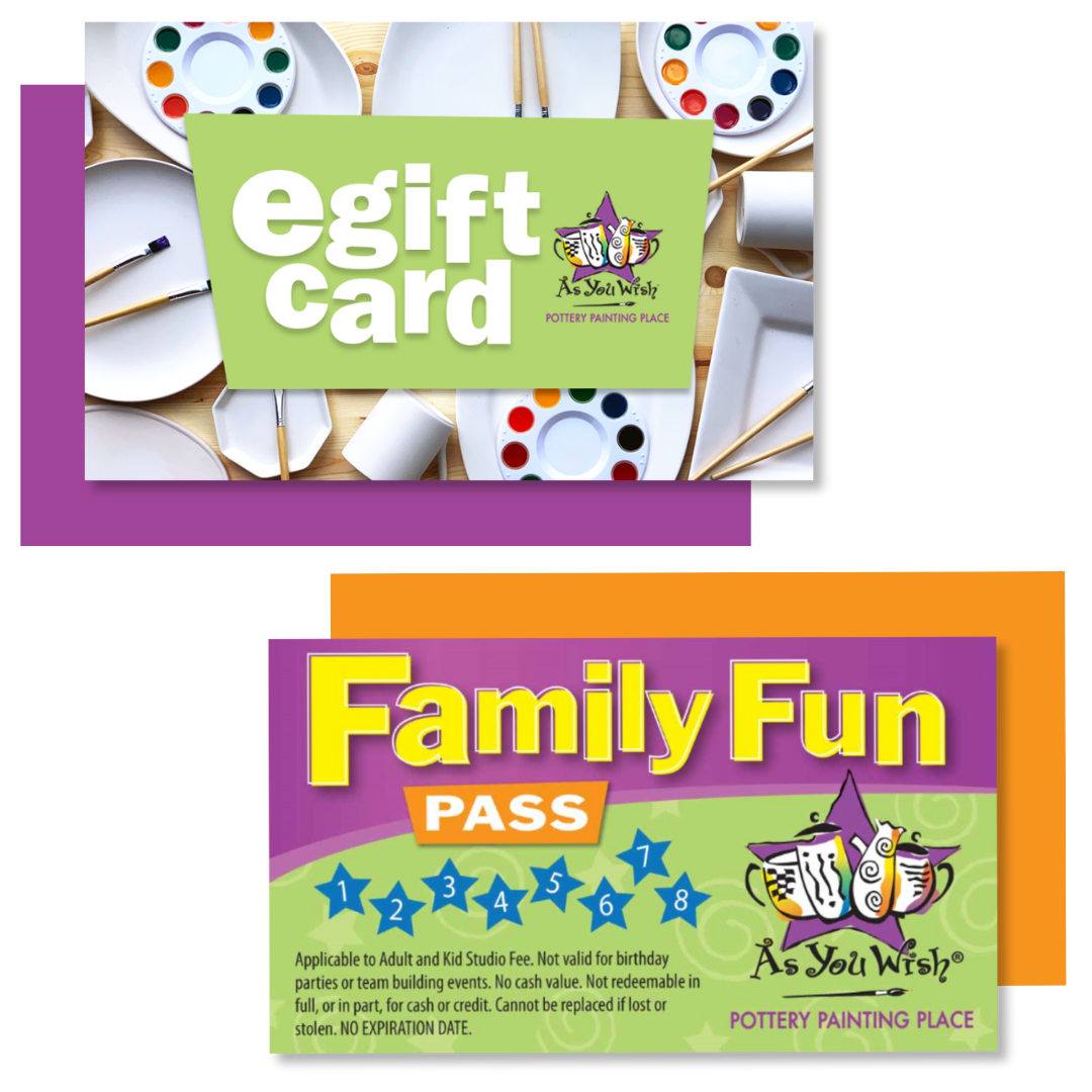 E-gift card and Family Fun Pass for  As You Wish pottery painting place with colorful design elements.